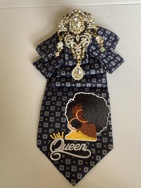 Upcycled Junkie Tie:  "Queen" Navy Diamond Pattern Tie with Rhinestone Brooch